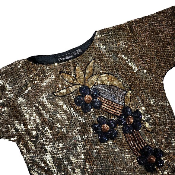Jewel Queen Tops - Vintage Sequin Shirt 1980s Jewel Queen Party Floral Disco Gold Black Medium